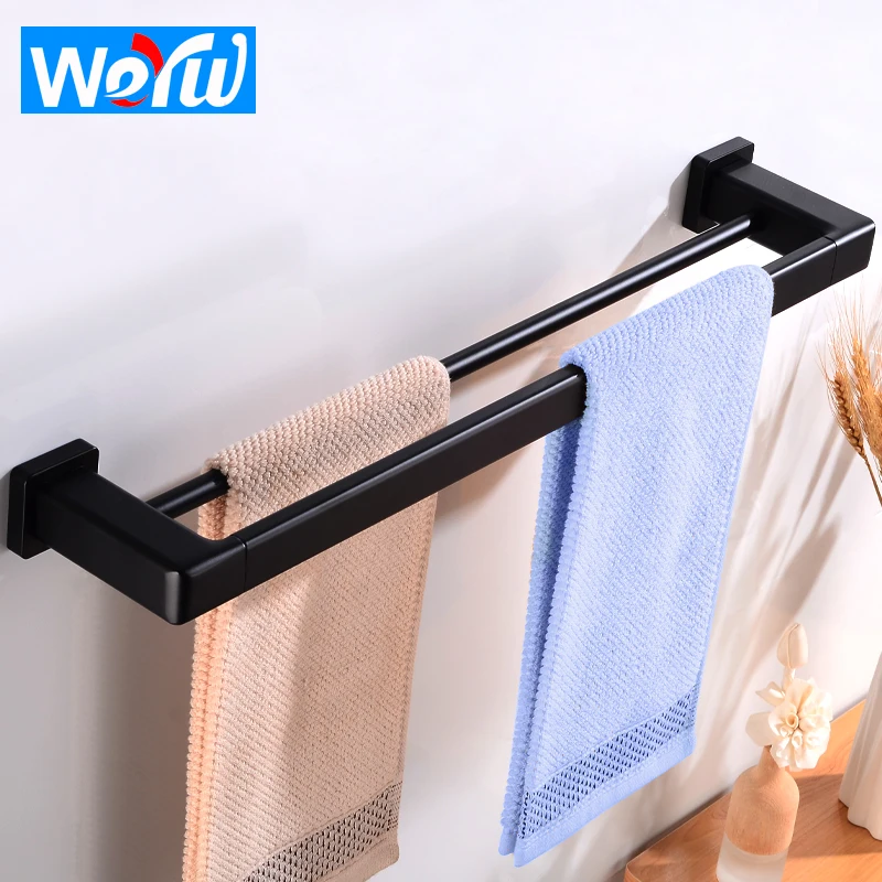 

Towel Bar Black Aluminum Bathroom Towel Holder Wall Mounted Double Towel Rack Hanging Holder Decorative Clothes Robe Rail Hanger