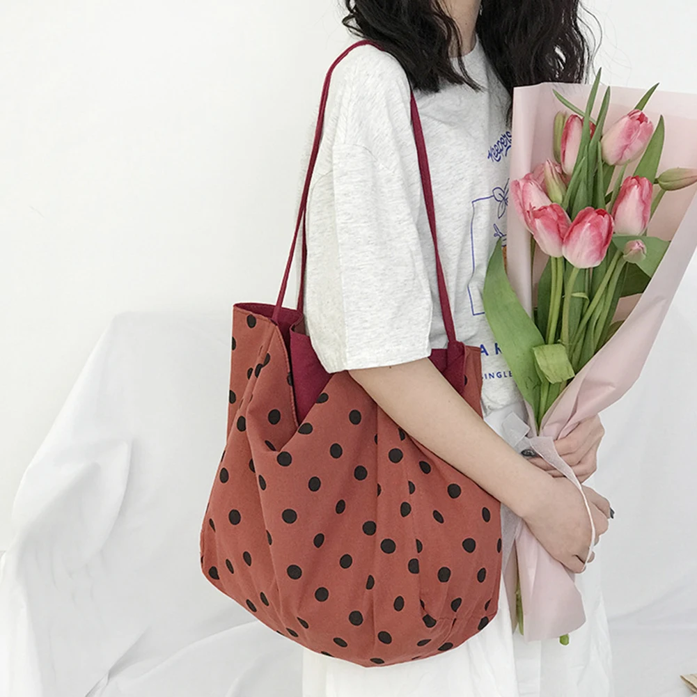 

Women Shopping Beach Soft Polka Dot Messenger Shoulder Bag Vintage Tote Pouch Large Capacity Printing Casual Handbag Fashion
