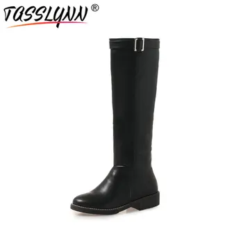 

TASSLYNN 2019 Women Boots Low Heel Round Toe PU Square Heel Knee High Boots Winter Autmn Shoes Women Riding Boots Big Size 34-43