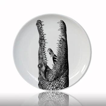 

White and Black Animal Head Decorative Plate Creative Ceramic Craft for Home Decor Crocodile Tiger Round Dish Artistic Plate