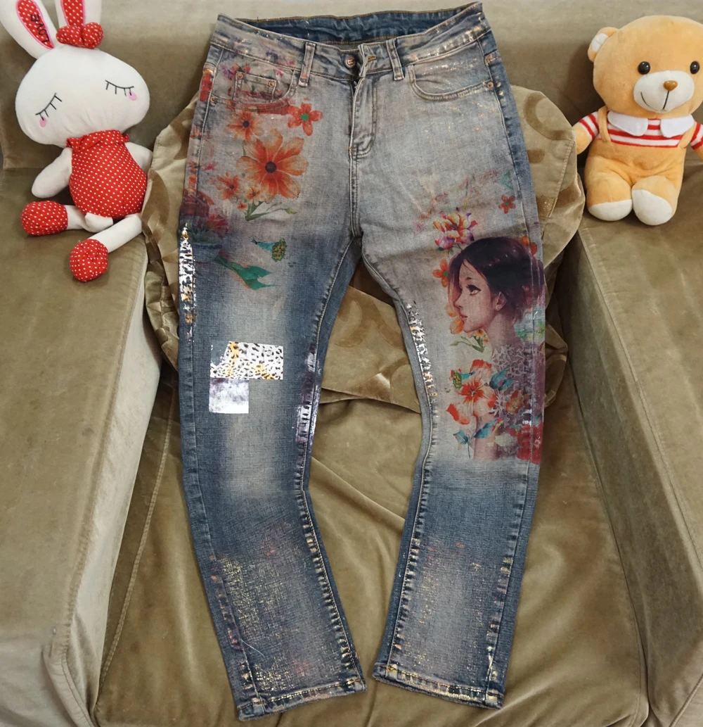 Модные женские эластичные джинсы с объемными цветами, цветные, с цветочным рисунком, сексуальные женские уличные джинсовые брюки, узкие брюки-карандаш