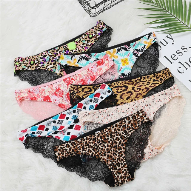 Fashion Women's Sexy Lace Panties Seamless Underwear Leopard Ice Silk for  Girl Bikini Cotton Crotch Transparent Lingerie