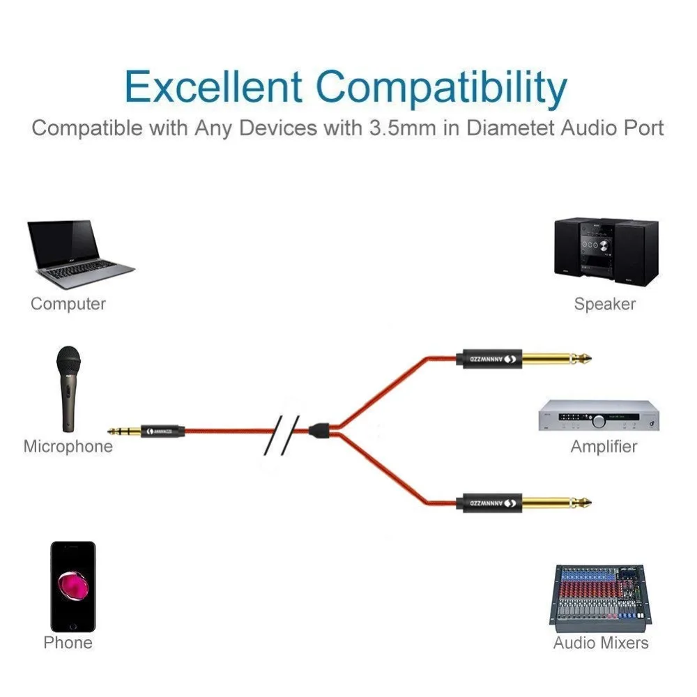 3.5mm Jack to 6.35mm Adapter Audio Cable for Mixer Amplifier Speaker Gold Plated Double 6.5mm 3.5 Jack Male Splitter Audio Cable 3.5mm Jack to 6.35mm Adapter Audio Cable for Mixer Amplifier Speaker Gold Plated Double 6.5mm 3.5 Jack Male Splitter Audio Cable
