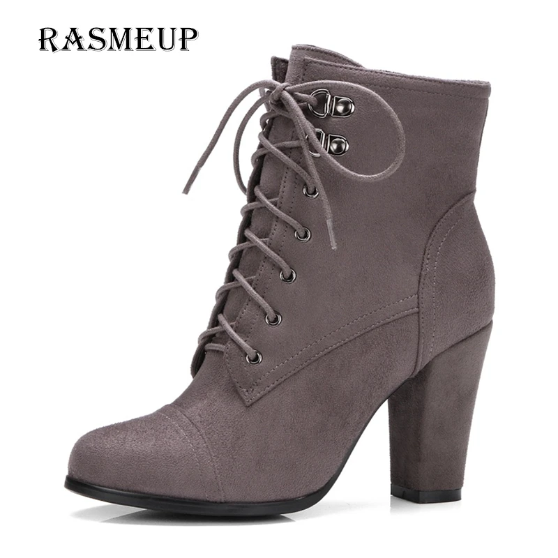 

RASMEUP Women's High Heel Boots 2018 Autumn Winter Women Fashion Flock Lace Up Ankle Boots Black Grey Casual Woman Zipper Shoes