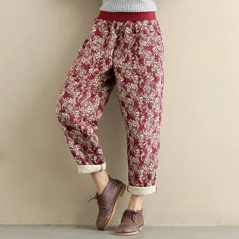 

Women Winter Pants Cotton Linen Thick 2018 Floral Warm Cotton Vintage National Elastic Waist Casual Loose Trousers For Women