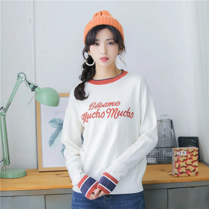Для женщин свитеры для леди Kawaii Ulzzang осень вышитая буква свитер женский корейский Harajuku милые топы корректирующие повседневное