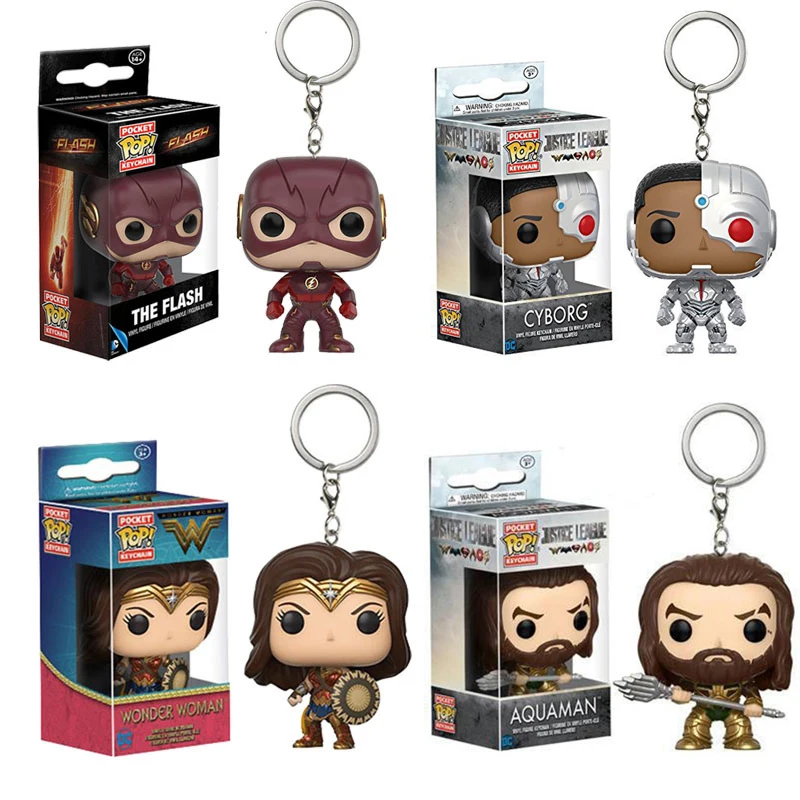 

FUNKO POP Original Justice League Superhero POP Keychain The Flash Aquaman Cyborg Wonder Women Batman Action Figure toys for kid