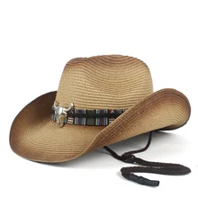 Модная женская и мужская соломенная открытая западная ковбойская шляпа женская летняя Sombrero Hombre пляжная ковбойская джаз шляпа от солнца ветряная Веревка Размер 57-59 см