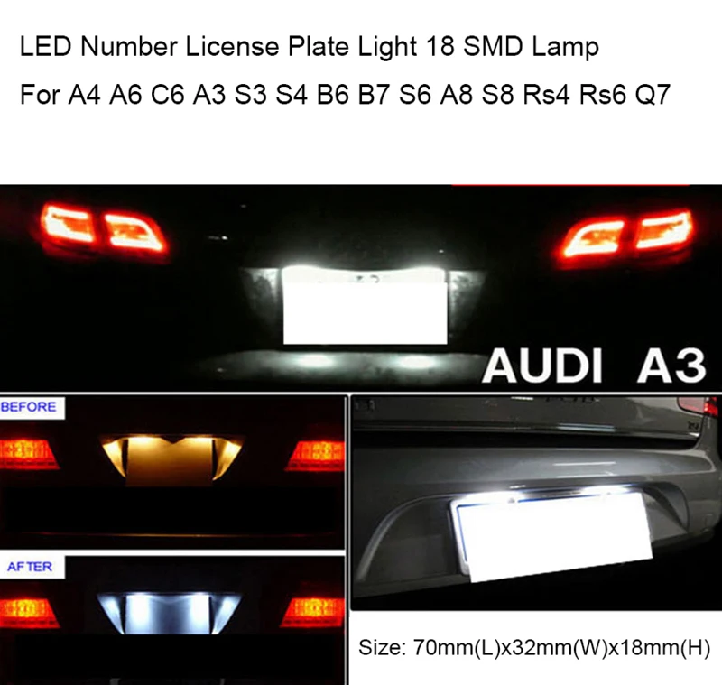 Комплект из 2 предметов, белая 18 SMD для Audi Q7 A4 A6 C6 A3 S3 S4 светодиодный номерной знак светильник лампа Светодиодная лампа B6 B7 S6 A8 S8 Rs4 Rs6
