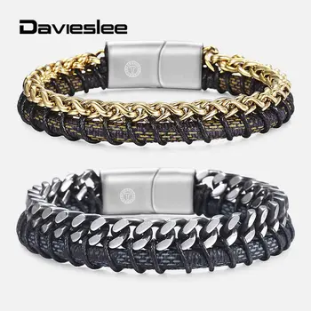 

Mens Double Layer Curb Stainless Steel Braided Leather Bracelet Boys Bangles Gold Silver Color Punk Jewelry 8.5" New DLBM32