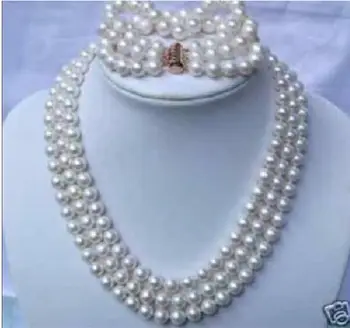 

triple strands South Sea White Pearl Necklace 18" Bracelet 8" 14K GOLDt