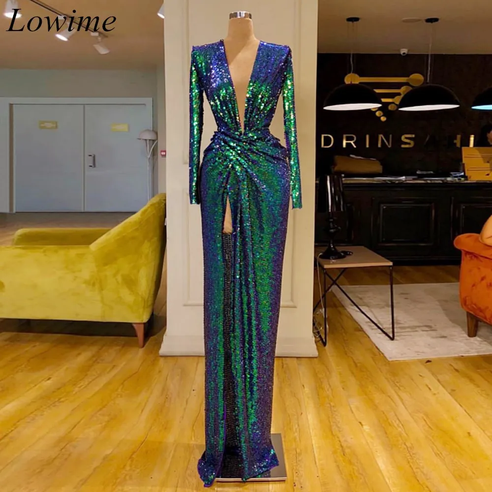 

New Arrival Sparkly Formal Celebrity Dresses 2019 Long Mermaid Deep V-Neck High Side Split Evening Prom Party Gowns Abendkleider