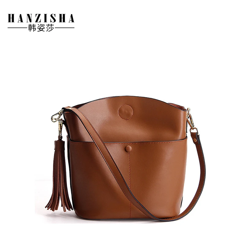 

2018 New Fashion Genuine Leather Women Bucket Handbag Casual Tassel Women Shoulder Bag Women Bucket Crossbody Bag bolsos mujer