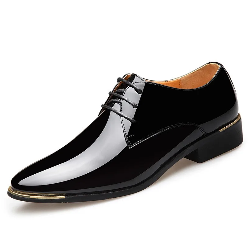 LIN KING/дышащая мужская официальная обувь; повседневные туфли-оксфорды из лакированной кожи с острым носком; мужские деловые модельные туфли на шнуровке; большой размер 48 - Цвет: black