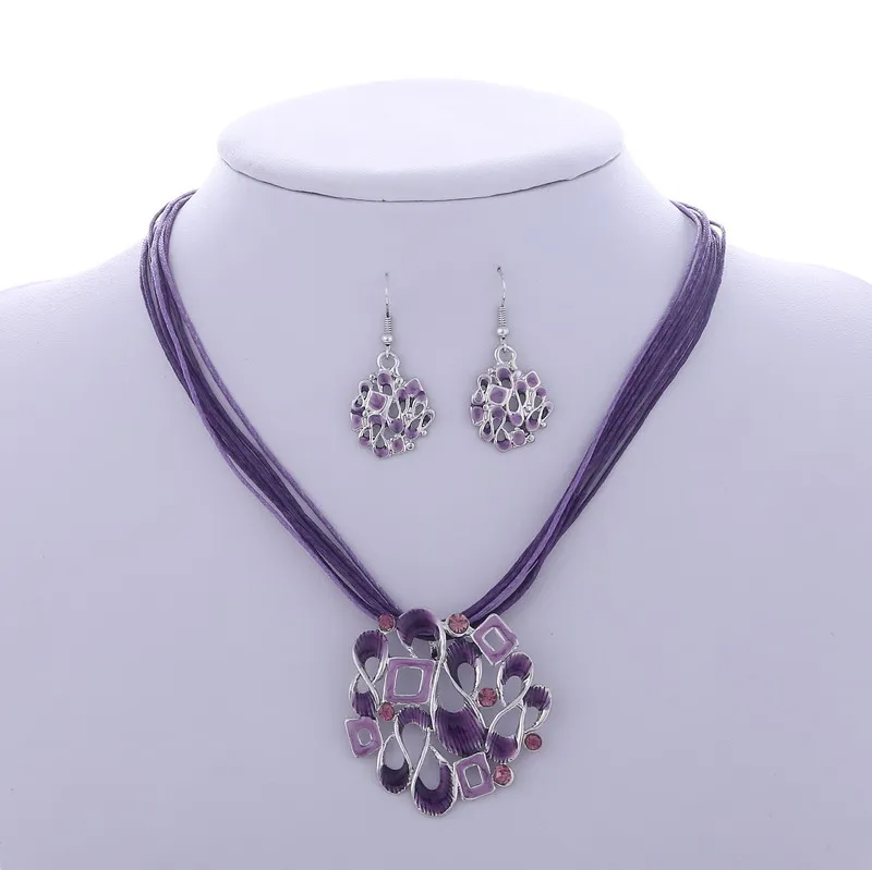 Мода драгоценный камень геометрический серебряный кулон ожерелье серьги набор кожаный Чокер ожерелья для женщин Бохо ювелирный набор подарок цена - Окраска металла: F830