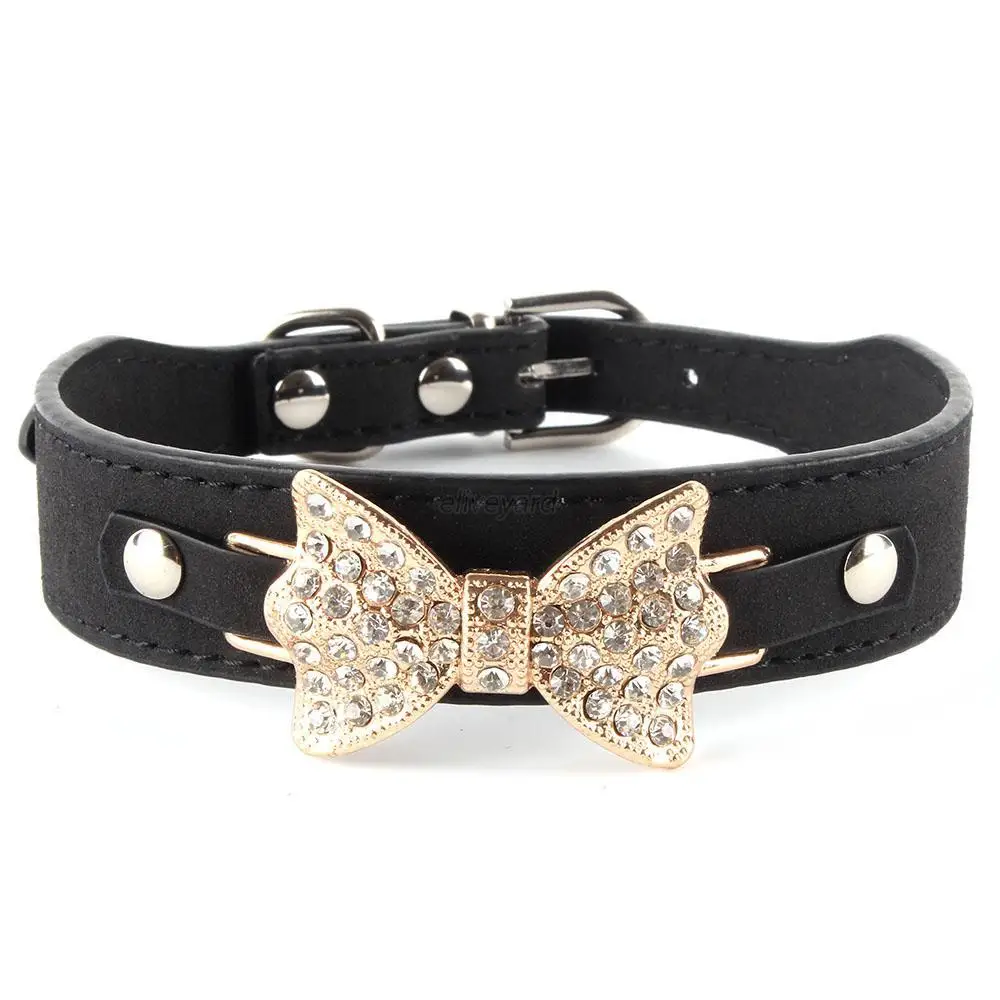 PU Leather Dog Bling Crystal Bow Collar Pet Puppy Choker Collar