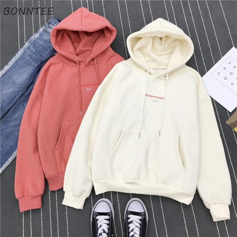 

Hoodies Women Letter Solid Long Sleeve Thicker All-match Hooded Womens Trendy Korean Style Pocket Simple Pullover Female Leisure