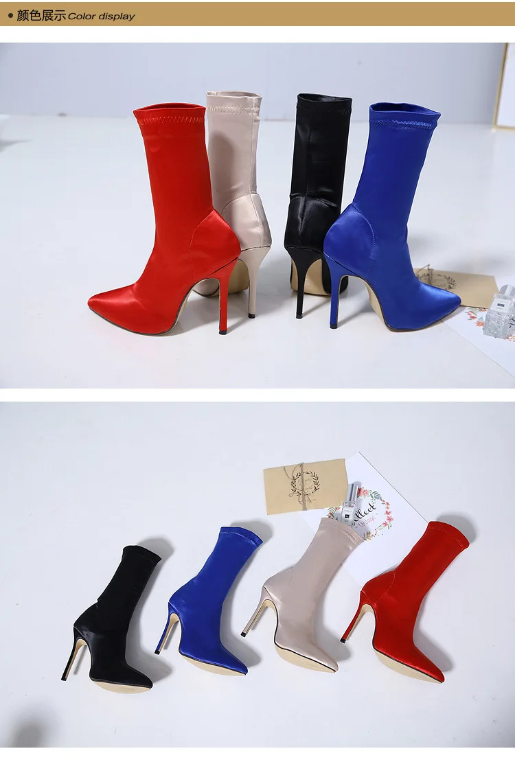 Koovan/женские ботинки на высоком каблуке с острым носком; атласные эластичные носки; кожаные ботинки; цвет красный, синий, черный; женская обувь