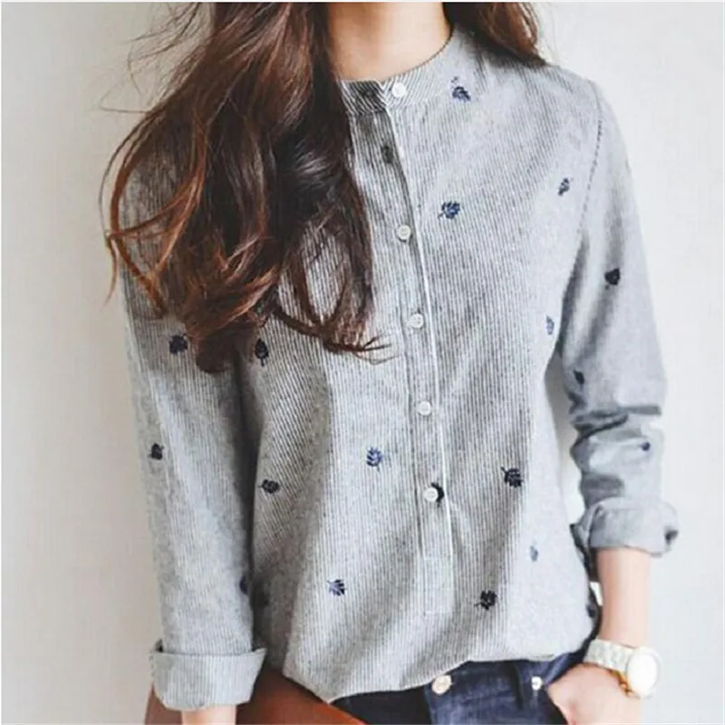 

Autumn Leaves Embroidery Long Sleeve Women Blouses And Shirts Ladies Cotton Casual Shirt Tops Striped Plus Size Blusas Blouse
