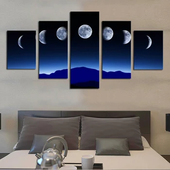 

Cheap Price 5 Panels Set Abstract Blue Sky Moon Wall Art Print On Canvas Painting By Number Modern Moon Nightscape Wall Picture