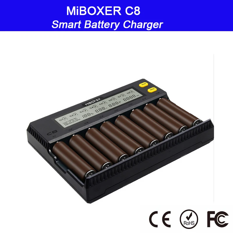 MiBOXER C8 18650 Батарея Зарядное устройство ЖК-дисплей Дисплей 1.5A для батарей Li-Ion(литий-ионных) LiFePO4 Ni-Cd AA 21700 20700 26650 18350 17670 RCR123 18700