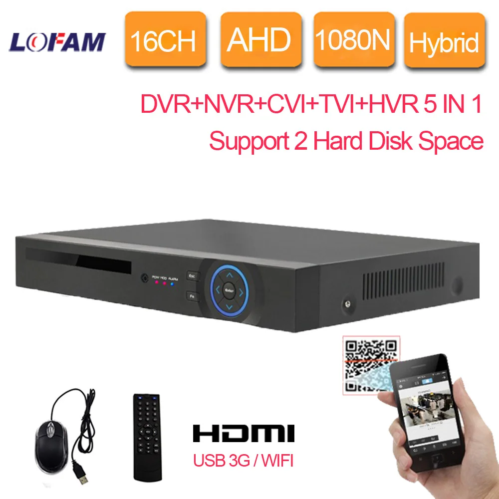 

LOFAM 16ch AHD 1080N DVR 16channel hybrid DVR NVR CVI TVI for different security CCTV cameras 3G WIFI DVR Recorder 2 X HDD Space