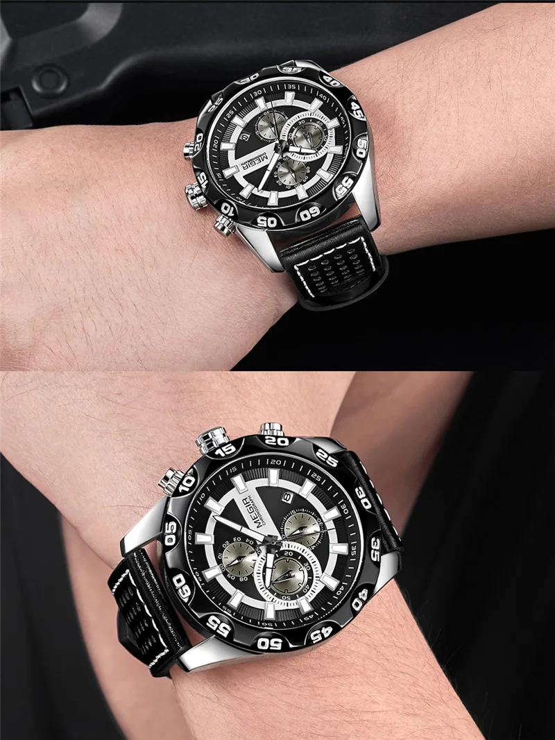 MEGIR мужские часы Топ люксовый бренд Хронограф военные спортивные наручные часы из натуральной кожи кварцевые мужские часы Relogio Masculino 2096