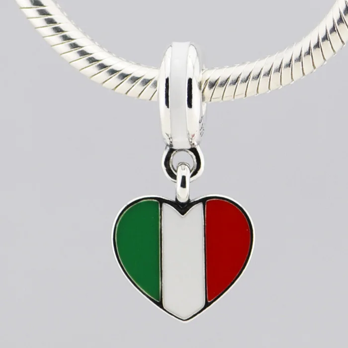 Подходит Pandora талисманы браслеты 925 пробы серебряные ювелирные изделия Италия сердце флаг бусины с зеленый белый и красный эмаль беспла