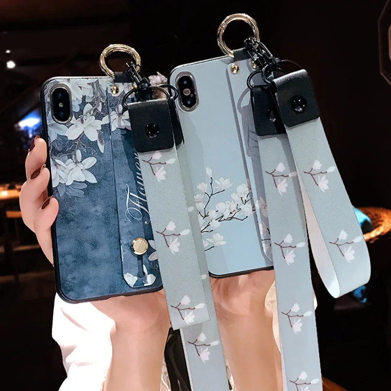 

Wrist band phone Case For iPhone 7 8 Plus For Apple Case For iPhone XS Max XS XR X SE 5 5s 6 6s 7 8 Floral pattern With lanyard