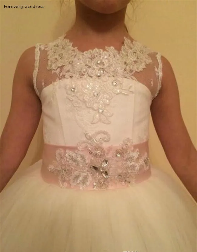 Adorable White Ivory Flower Girl Dresses Tutu Cupcake Skirt Layers Sheer Crew Neck Appliques Beaded Bow Sash Applique Long Girls Formal Gown  92 (3)