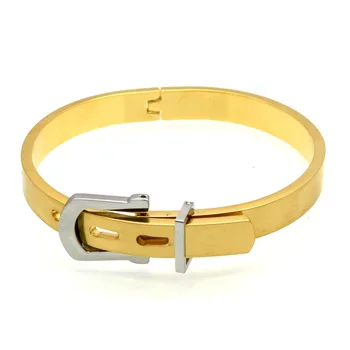 

Charming Golden Tone Belt Design Casting Cuff Bangle Bracelet 8mm Stainless Steel Men's Women's Wristband Jewelry Friend Gift