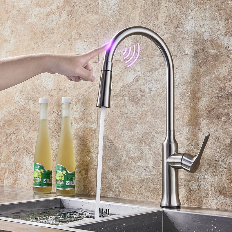 

Kitchen Sense Automatic Faucet Brushed Nickel Pull Out Spray Sink Tap Sink Smart Touch Sensor Hot Cold Water Single Handle
