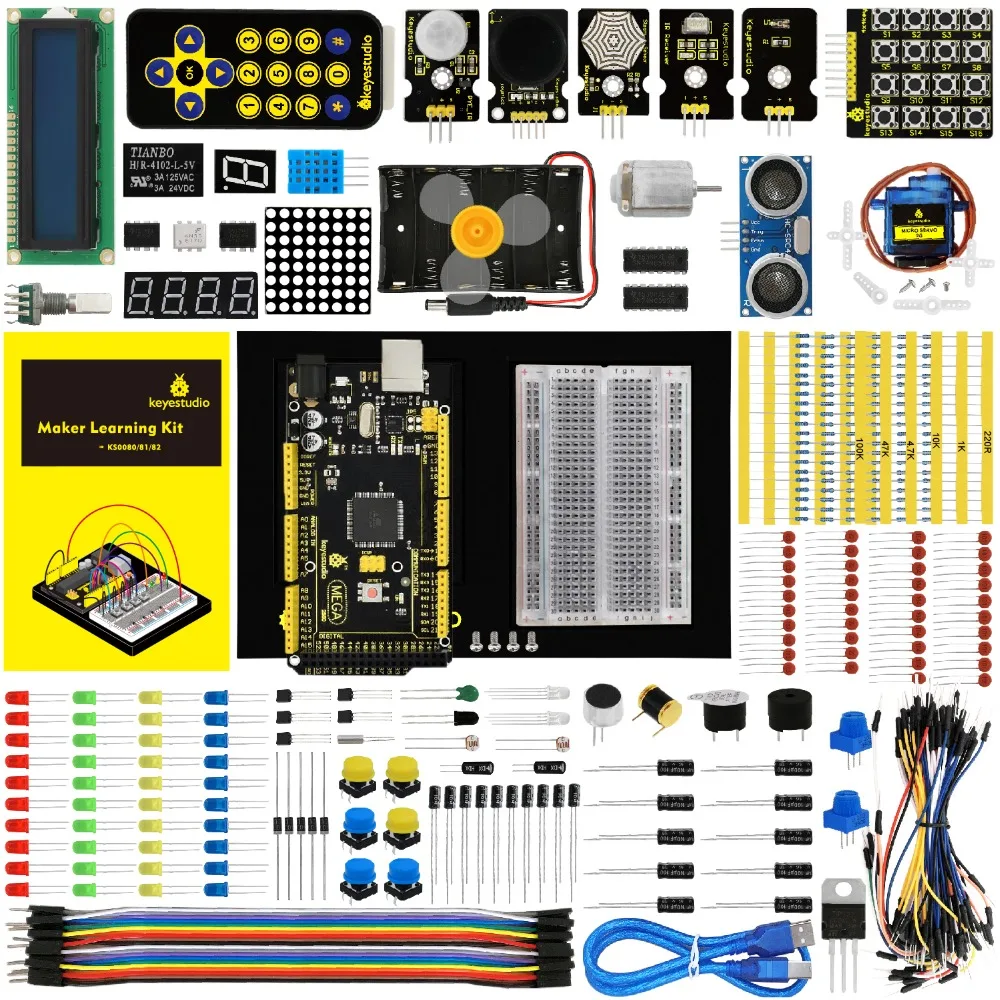 Стартовый набор Keyestudio Maker(MEGA 2560 R3) для проекта Arduino с подарочной коробкой+ Руководство пользователя+ 1602LCD+ шасси+ PDF(онлайн)+ 35 проект+ видео