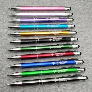 New design Metal ball pen with rubber Touch Stylus on pen top Free logo customized with company logo/address/phone for gifts sales champion 60pcs lot 10 colors metal pen customized logo printing with free logo name or text for company event supplies