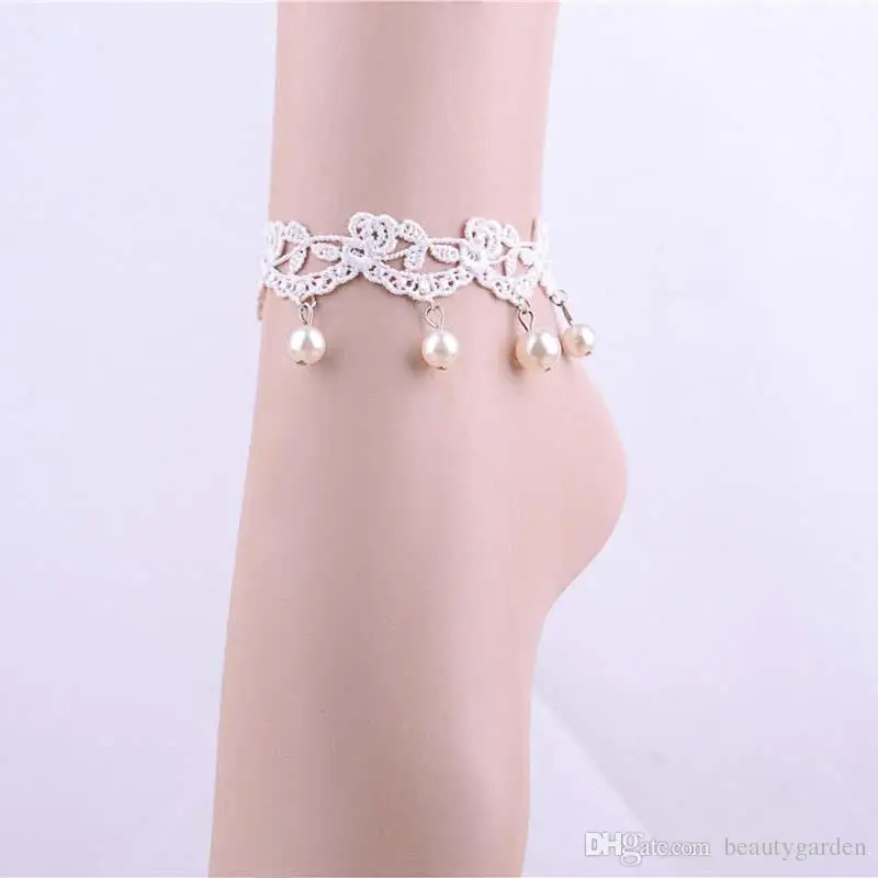 

60pcs/lot Elegant Pearl Lace Leglet White Handmade Lace Ankle Bracelet Chain Ladies Accessories JFL202