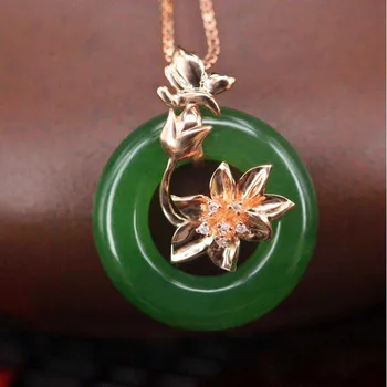 

Natural Xinjiang Hetian Jade 18k gold inlaid jasper necklace pendant female pendant with peony flower section free shipping