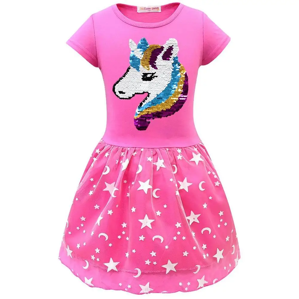 Платье с блестками, звездами и единорогом; детское кружевное платье-пачка для девочек; Двусторонняя одежда для маленьких принцесс - Цвет: rose