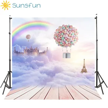 

Sunsfun Fairytale Backdrops For Photography Cloudy Castle Balloons Newborn Baby Wooden Floor Vinyl Backgrounds For Photo Studio