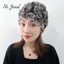 ST. Jessi Дамская цвет натуральный настоящий мех кролика Лыжная Шапочка модная 3D Цветочный дизайн Толстая теплая шапка бини