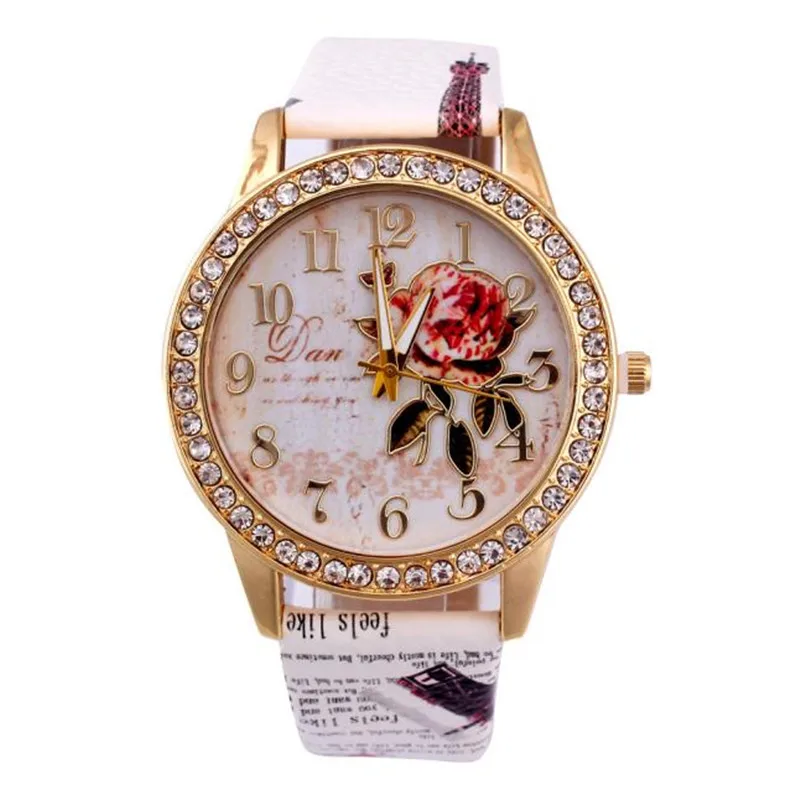 

Vintage Quartz Watch Women Fashion Peony Pattern Diamond Dial Watches Men Faux Leather Watch Women's Dress Clock Montre Reloj