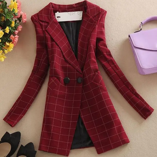 

Womens Red Plaid Blazer collar Long Sleeve office lady suit