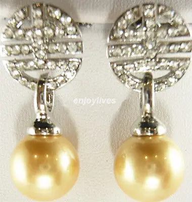 

Hot sale Free Shipping>>>>Yellow Golden Shell Pearl Chinese Longevity White stone Crystal Earrings