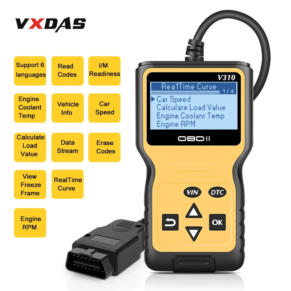

VXDAS V310 Car Code Reader Auto AD310 OBD2 Scanner V1.1 16pin Male Engine Coolant Temp Car Speed Probe OBDII Diagnostic Tool