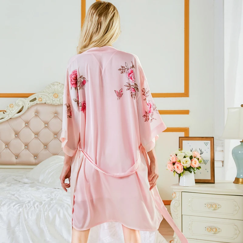 New Style Fashion Women Bathrobe Floral Print Satin Chiffon Luxury and Elegent Robe Ladies Home Clothes sp0087