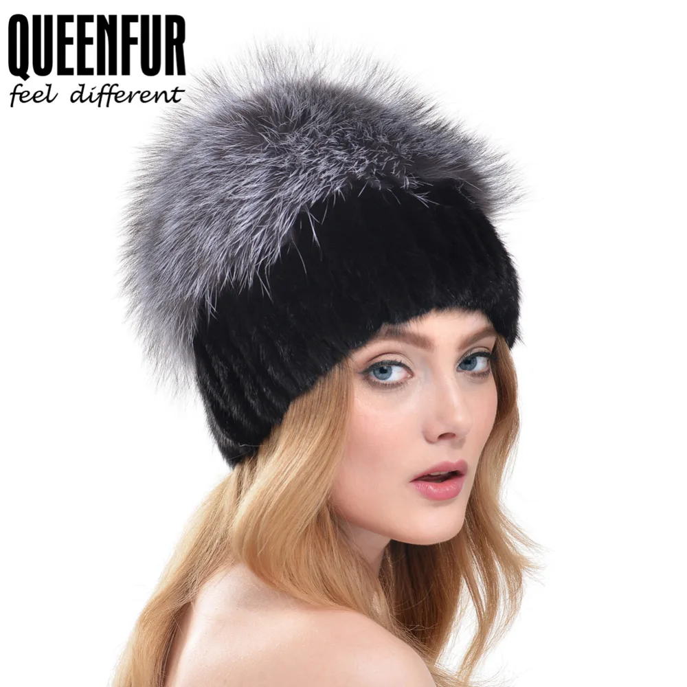 

QUEENFUR Women Winter Hat Imported Mink Fur Beanies With Fox Fur Pom Poms Cap 2016 New Fashion Lady Fashion Natural Fur Hat