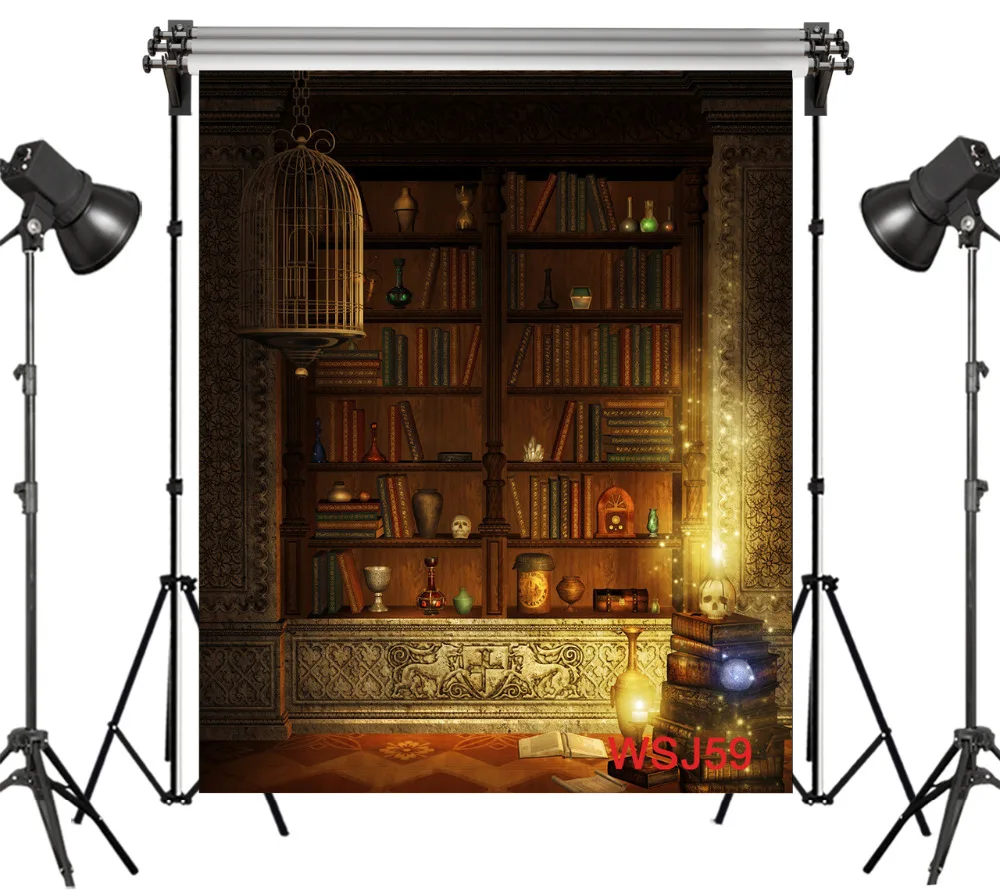 LB Polyester &amp Vinyl Backgrounds For Photo Studio Photography Backdrops Halloween Vintage Witch's Bookshelf Skull Candlestick |