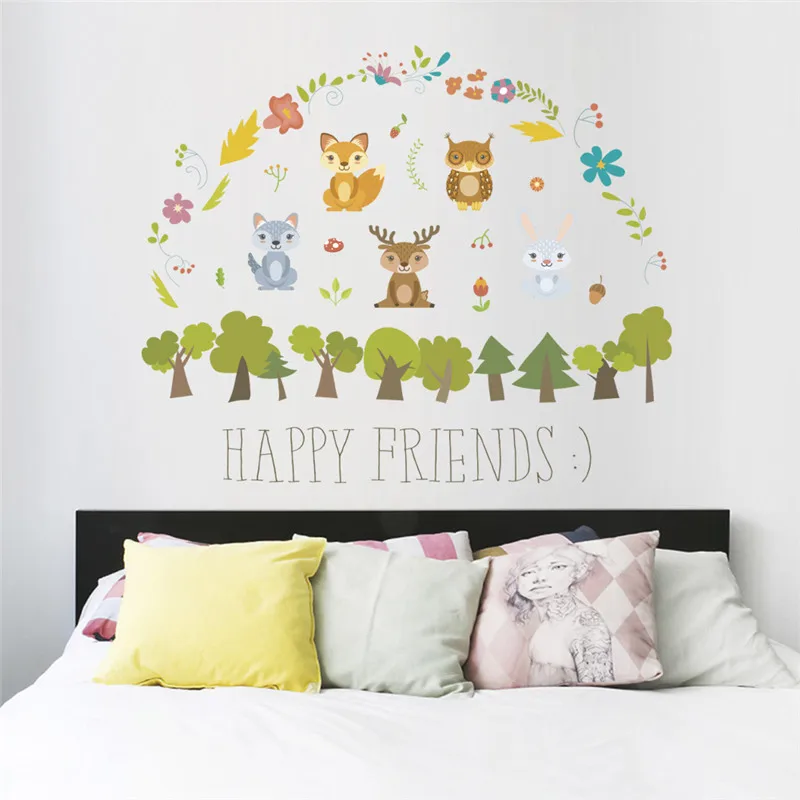 

Make Friends With Cute Animals Wall Sticker For Kindergarten Kids Room Home Decoration Cartoon Rabbit Fox Owlet Mural Art Decals