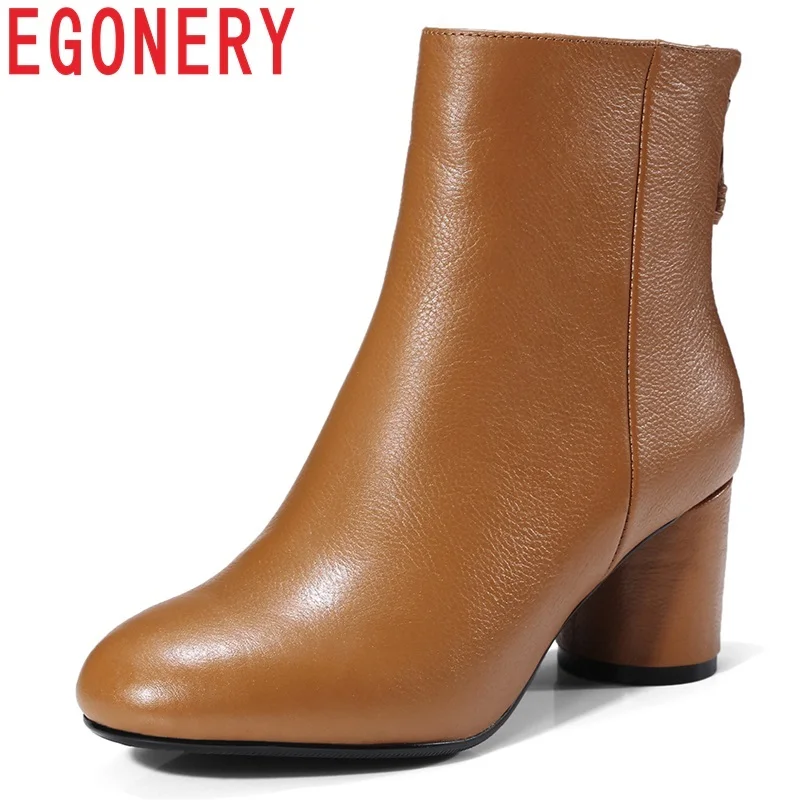 

EGONERY newest hot sale soft genuine leather zipper high round heels black and yellow round toe big size women winter booties