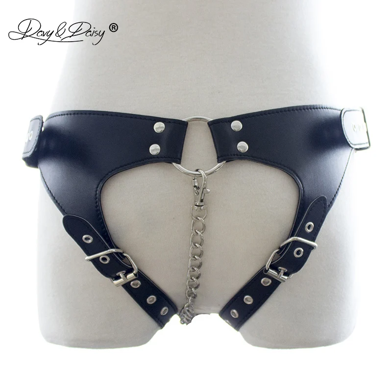 

DAVYDAISY Women Chastity Belt Open Crotch Chain Sexy Panties PU Leather Thong Sexy Lingerie Exotic Briefs Female Underwear UN521
