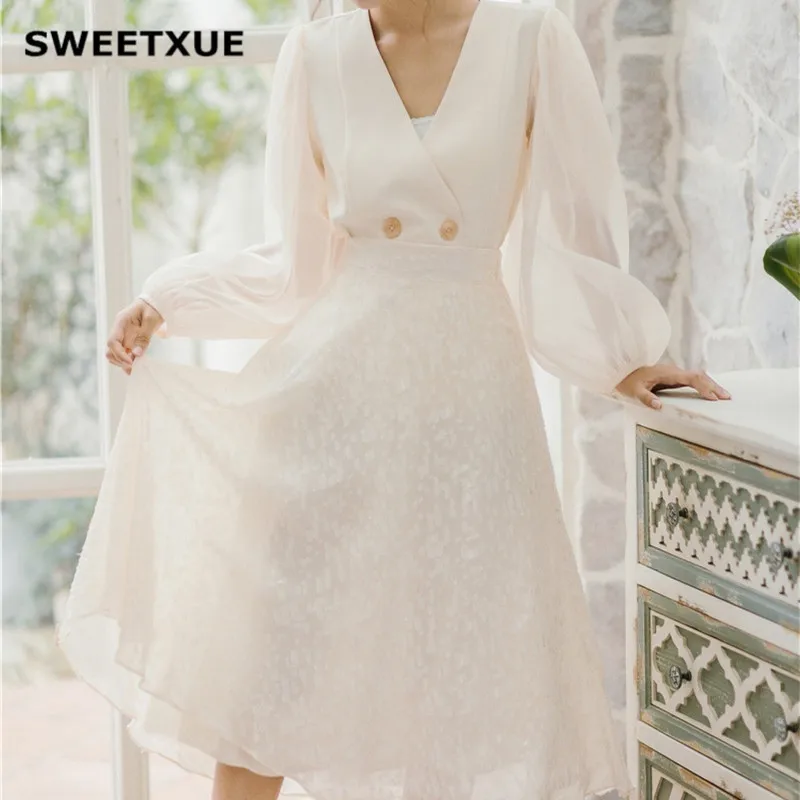 

SWEETXUE 2019 Summer Stylish Elegant Two Piece Set V Neck Tulle Stitching Double Breasted High Waist Print Skirt Casual Chic Set